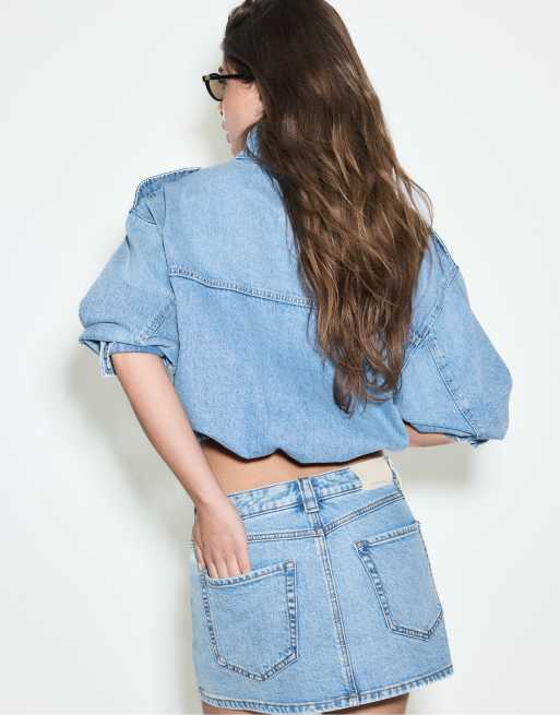 Stradivarius D62 denim skort in light blue, 3 of 7