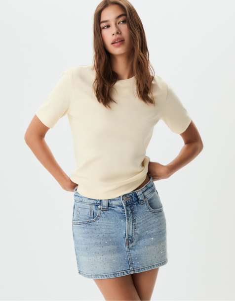 Stradivarius D62 denim skort with rhinestones in medium blue denim - view 1