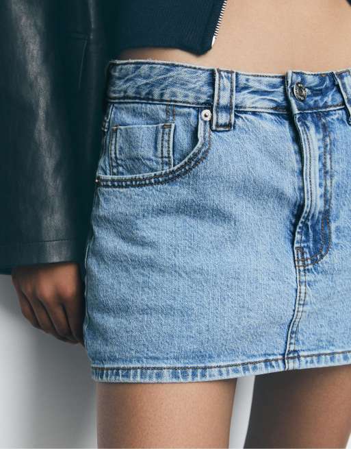 Stradivarius - D62 - Gonna pantalone in denim azzurra, 3 di 4