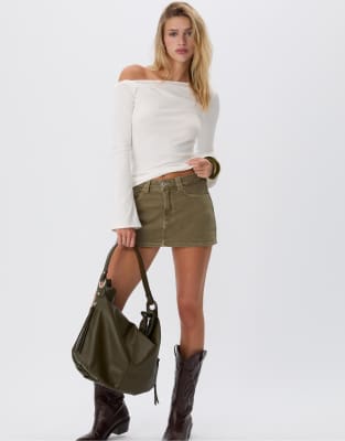 Stradivarius - D62 - Jeans-Skort in Khaki-Grün