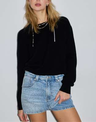 Stradivarius - D62 - Jupe-short en jean à strass - Bleu jean moyen