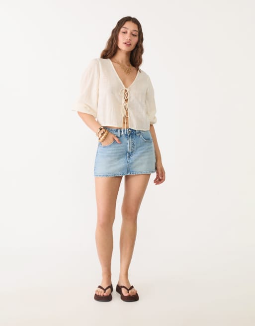 Stradivarius - D62 - Jupe-short en jean - Délavage clair