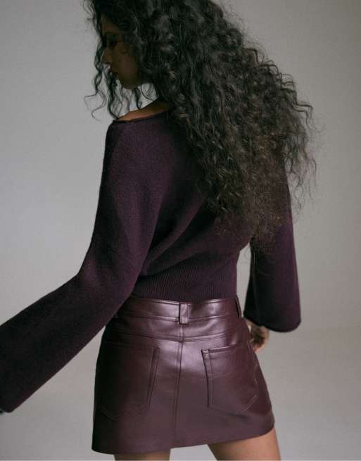 Stradivarius D62 leather effect skort in burgundy, 5 of 7