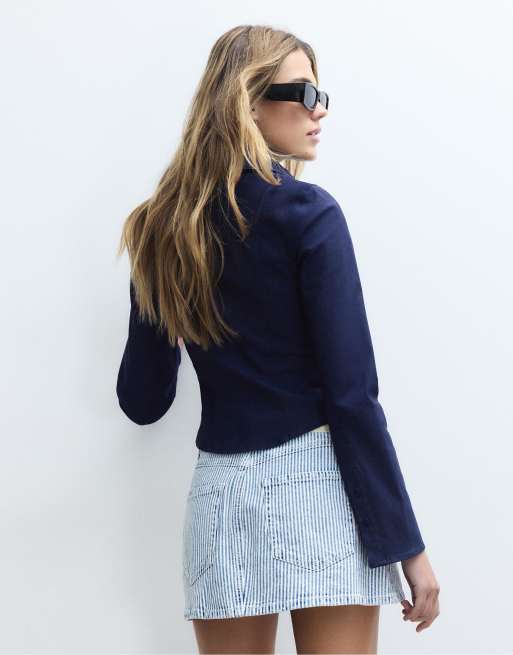 Stradivarius – D62 – Ljusblå skort i denim med ränder, 4 av 4