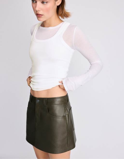Stradivarius D62 Skort in Lederoptik in Khaki, 5 von 7