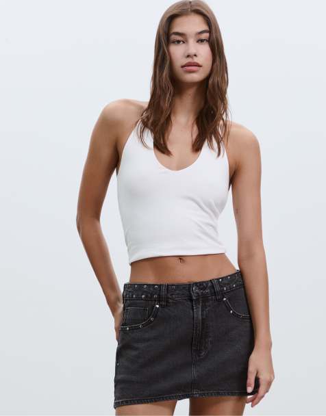 Stradivarius - D62 - Sort skort i denim med forvasket effekt og nitter - view 1