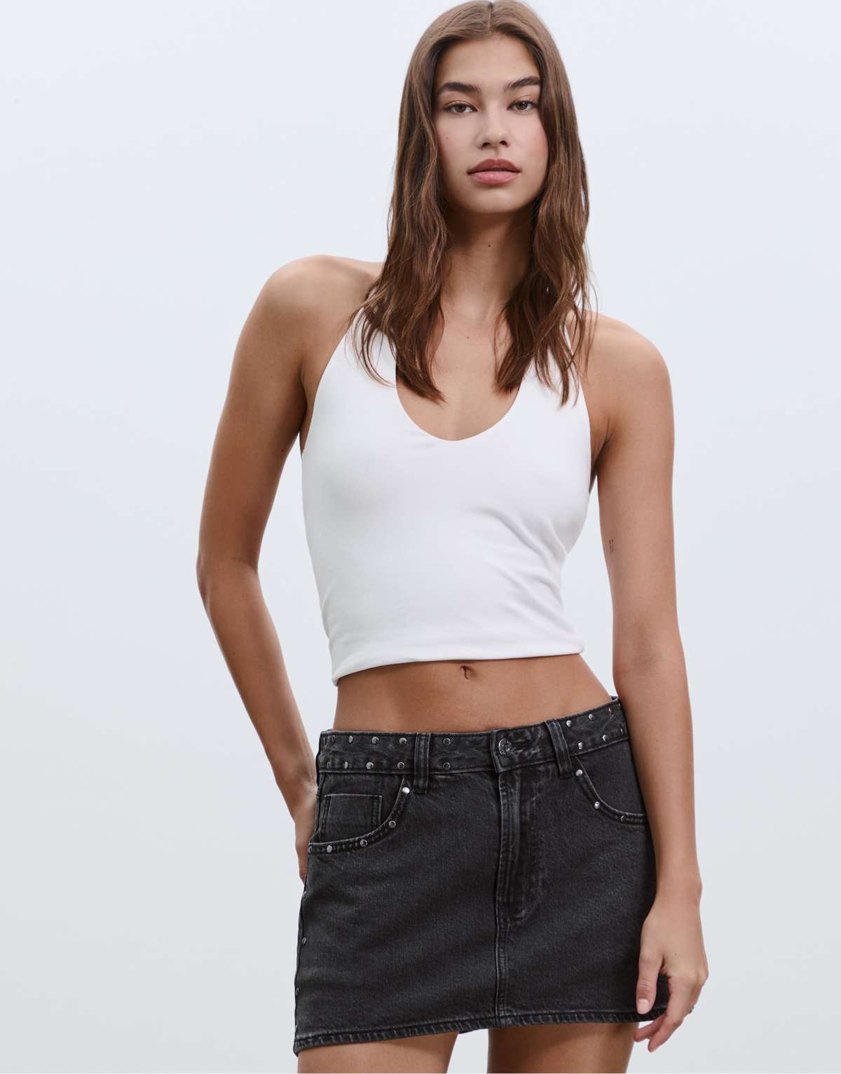 Stradivarius D62 studded denim skort in black denim washed effect