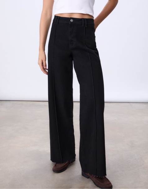 Stradivarius D63 wide-leg jeans with seams in black denim washed effect - view 1