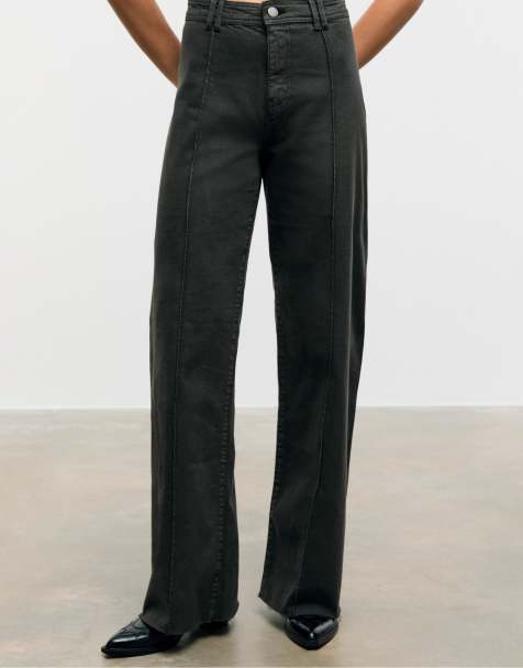 Stradivarius D63 wide-leg jeans with seams in green - view 1