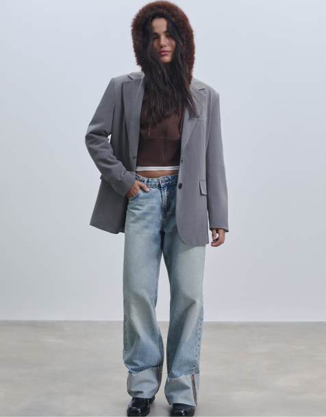 Stradivarius - D65 - Denim jeans met omgeslagen zoom en rechte pijpen in medium blauw - view 1