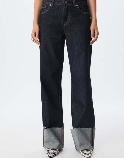 Stradivarius - D65 - Jean droit à revers - Denim bleu brut - view 1