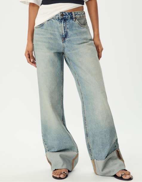 Stradivarius - D65 - Mellemblå jeans i denim med lige ben og opsmøgede benkanter - view 1