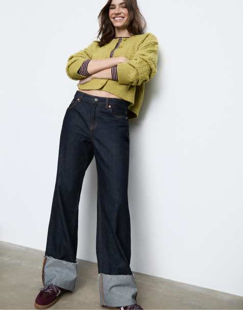 Stradivarius D65 straight turn-up jeans in rinse blue denim - view 1