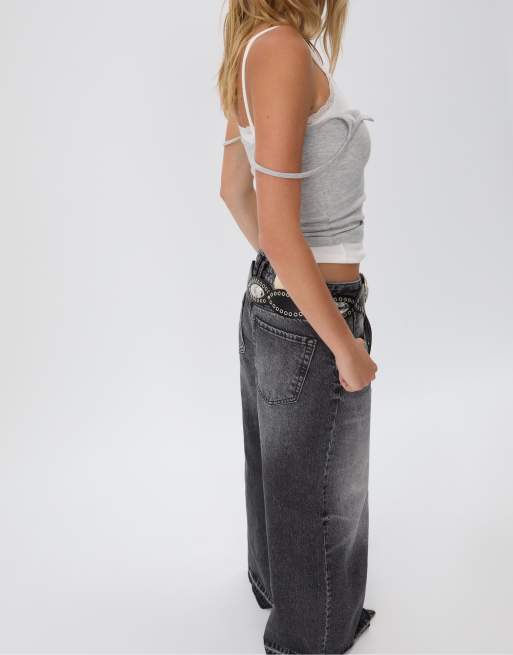 Stradivarius - D66 - Jean ultra large à taille basse - Noir délavé, 3 de 4