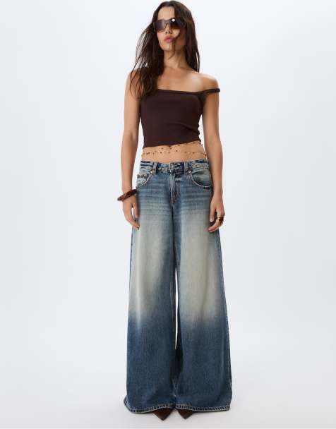 Stradivarius - D66 - Lavtaljede og blå jeans i overfarvet denim med ekstra brede ben - view 1