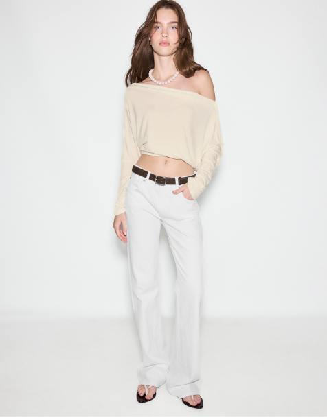 Stradivarius - D68 - Bootcut jeans met riem in wit - view 1