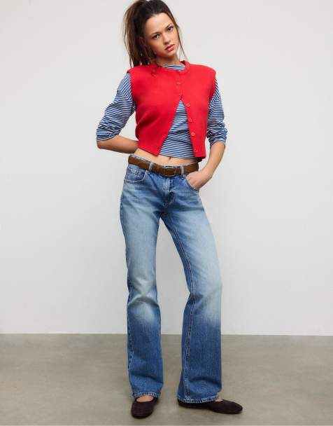 Stradivarius - D68 - Jean bootcut avec ceinture - Bleu moyen délavé - view 1