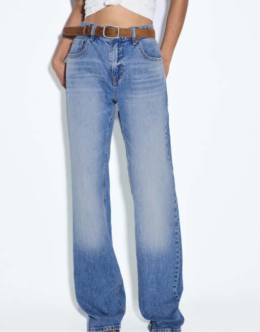 Stradivarius - D68 - Jean bootcut avec ceinture - Bleu moyen délavé, 2 de 7