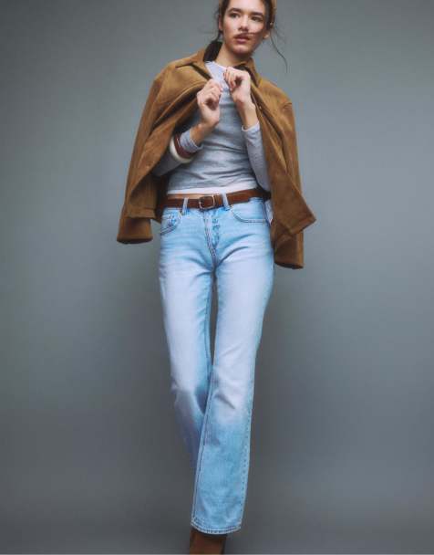 Stradivarius – D68 – Mellanblå bootcut-jeans med skärp - view 1