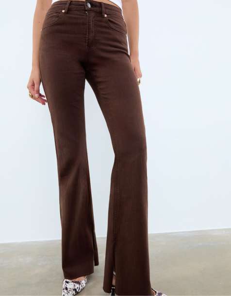 Stradivarius D74 flare stretch slit trousers in brown