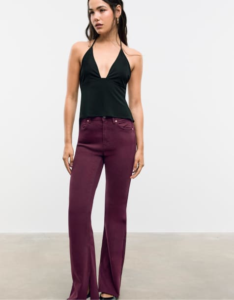 Stradivarius D74 flare stretch slit trousers in burgundy