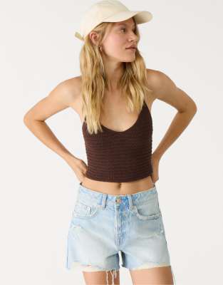 Stradivarius - D75 - Gerippte Jeansshorts in Very Dark und blauer Rinse-Waschung