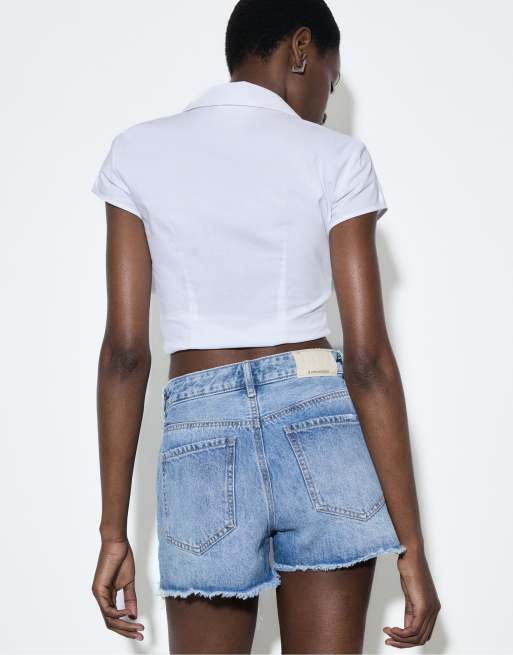 Stradivarius - D75 - Mellemblå denimshorts med flænger, 3 af 4