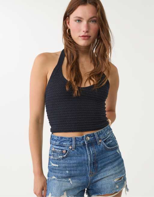 Stradivarius - D75 - Pantaloncini di jeans blu medio con strappi, 4 di 4