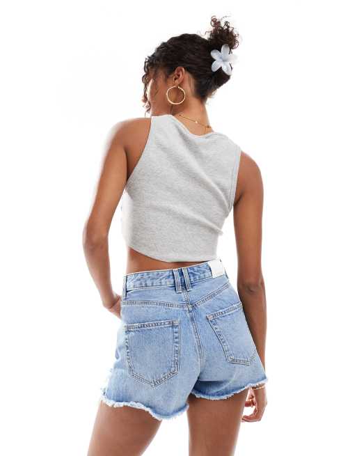 Stradivarius D75 ripped denim shorts in medium blue