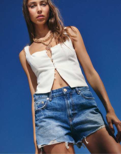 Stradivarius – D75 – Urtvättat blå jeansshorts med revor - view 1