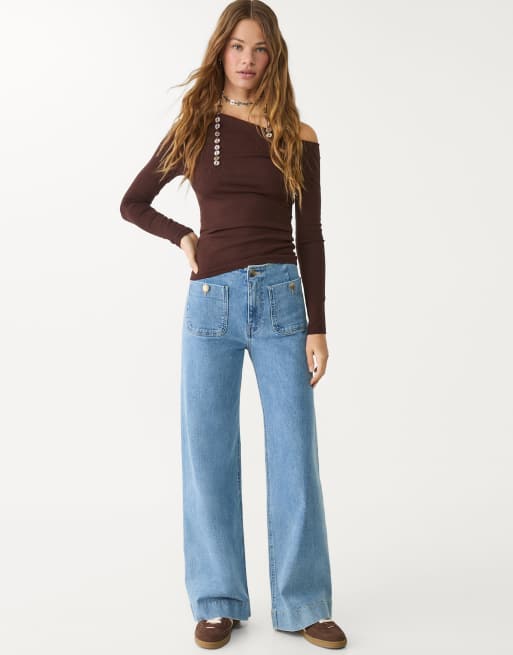 Stradivarius - D77 - Jean minimaliste avec poches - Bleu clair