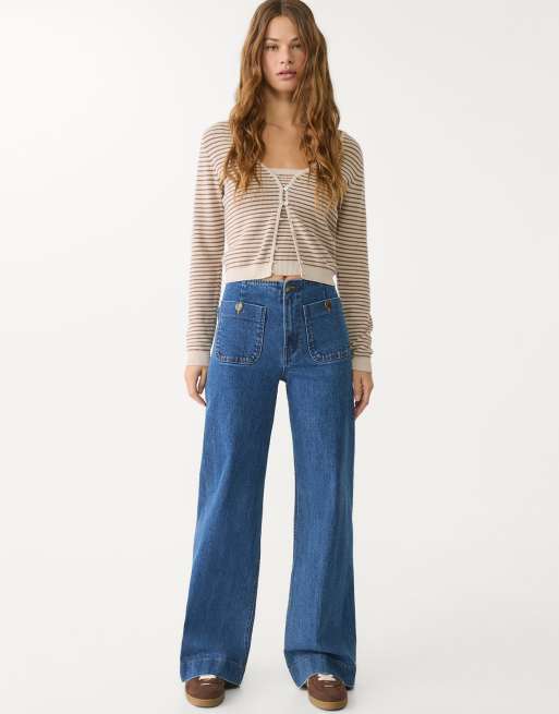 Stradivarius – D77 – Jeans in Blau überfärbt in schlichtem Design mit Taschen