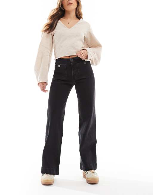 Stradivarius - D77 - Jeans met knoopdetail en rechte pijpen in zwart