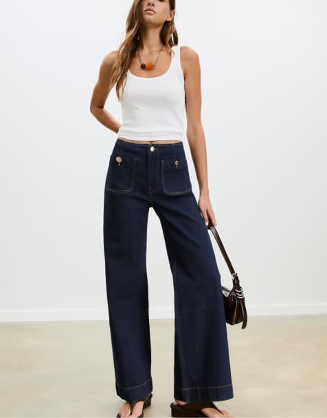 Stradivarius - D77 - Minimalistische jeans met zakken in overdyed blauwe denim - view 1