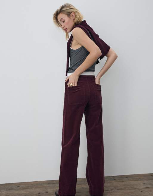 Stradivarius - D77 - Pantaloni Minimal In Tessuto A Coste Color Bordeaux Con Tasche