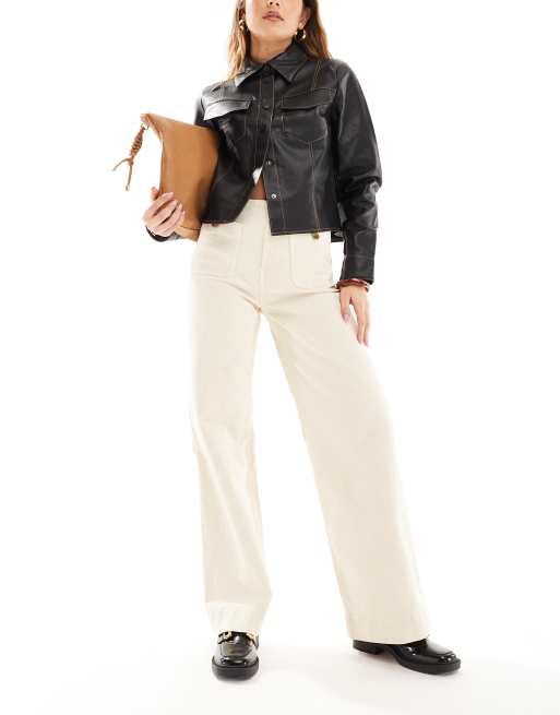 Stradivarius D77 straight leg jeans with button detail in ecru