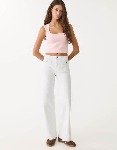 Stradivarius – D77 – Vita, minimalistiska byxor med fickor - view 1