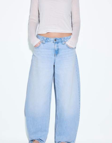 Stradivarius D80 barrel fit jeans in medium light blue denim