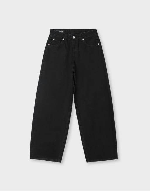 Stradivarius D80 barrel jeans i svart denim med tvättad effekt, 6 av 7