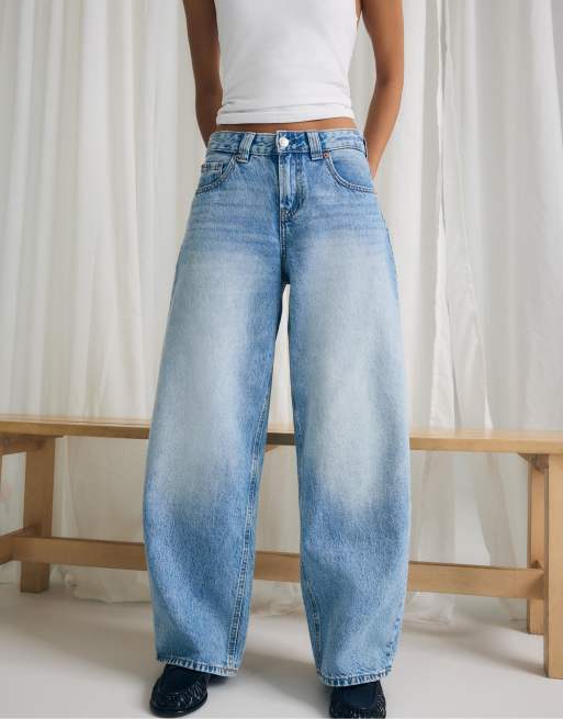 Stradivarius - D80 - Jeans met wijde ronde pijpen in middenblauw denim, 2 van 7
