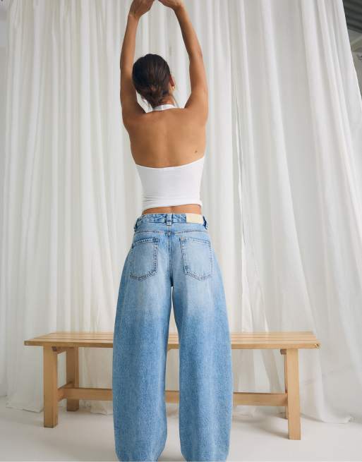 Stradivarius - D80 - Jeans met wijde ronde pijpen in middenblauw denim, 3 van 7