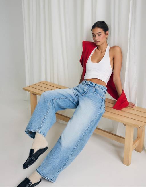 Stradivarius - D80 - Jeans met wijde ronde pijpen in middenblauw denim, 5 van 7