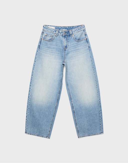 Stradivarius - D80 - Jeans met wijde ronde pijpen in middenblauw denim, 6 van 7