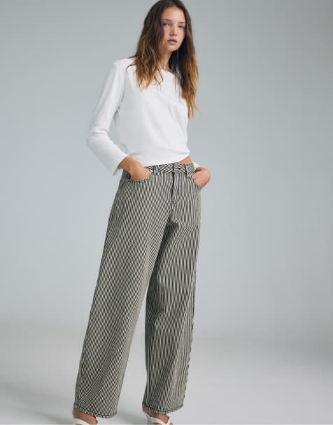 Stradivarius D80 striped barrel-leg jeans in dark grey - view 1