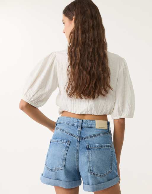 Stradivarius - D83 - Mom short in middenblauw, 3 van 4