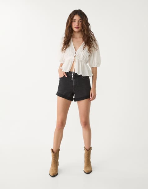 Stradivarius - D85 - Mom-shorts i mørk vask i slim fit - view 1