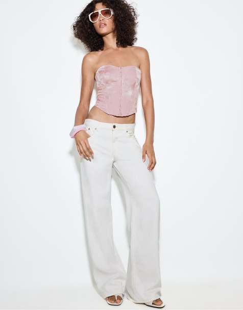 Stradivarius - D91 - Beige lavtaljede jeans i twill med vide ben - view 1