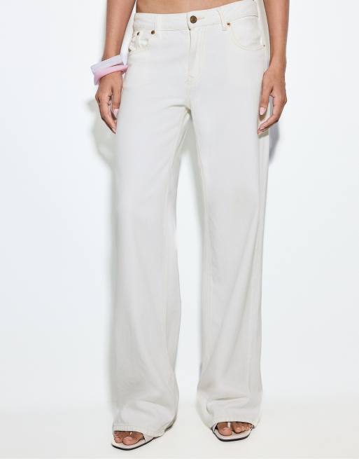 Stradivarius - D91 - Beige lavtaljede jeans i twill med vide ben, 2 af 7