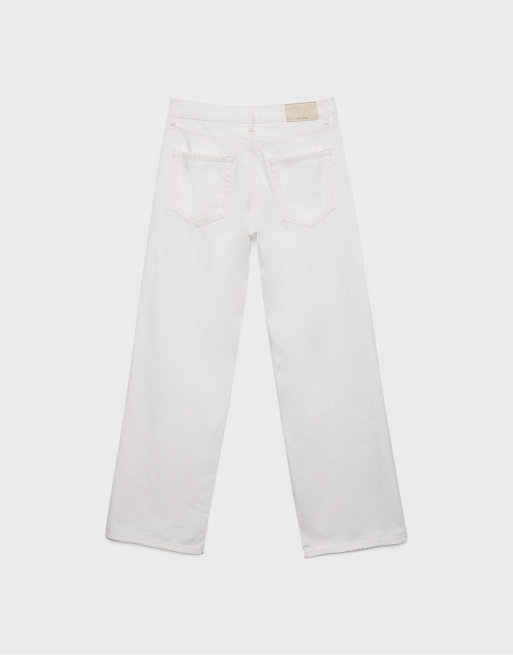 Stradivarius - D91 - Beige lavtaljede jeans i twill med vide ben, 7 af 7