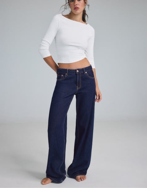 Stradivarius – D91 – Denim-Jeans in überfärbtem Blau mit weitem Bein und niedrigem Bund - view 1